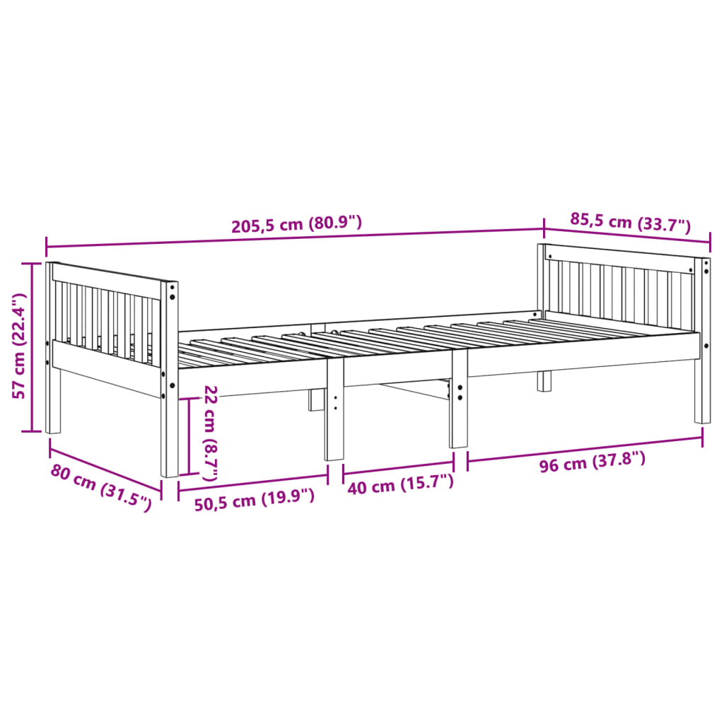 Cama de criança sem colchão 80x200 cm madeira de pinho maciça