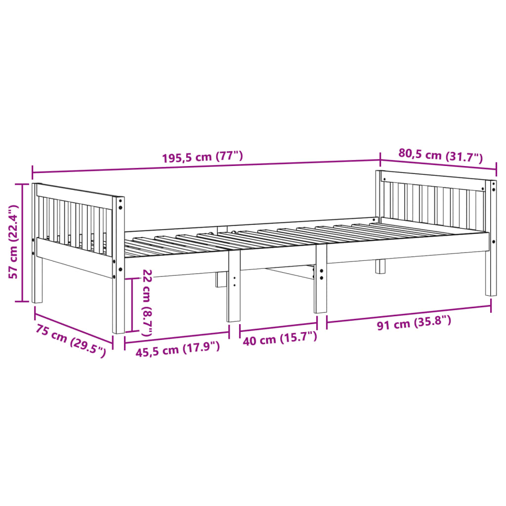 Cama de criança sem colchão 75x190 cm pinho maciço branco