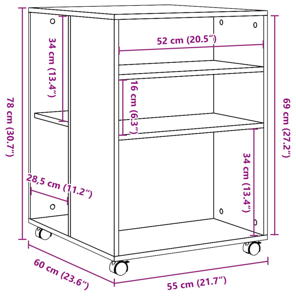 Mesa de apoio c/ rodas 55x60x78 cm derivados de madeira branco