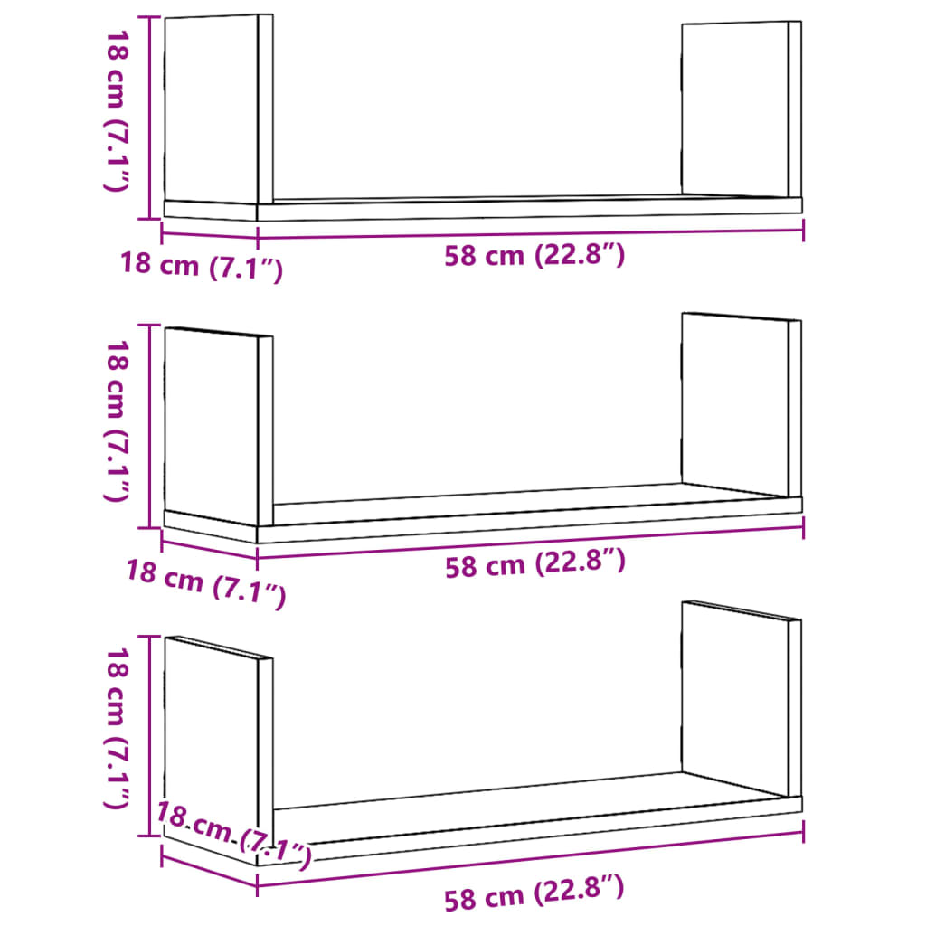 Prateleiras de parede 3 pcs 58x18x18 cm deriv. de madeira preto