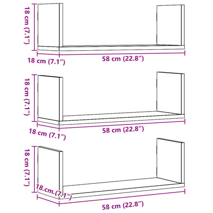 Prateleiras de parede 3 pcs 58x18x18 cm deriv. de madeira preto