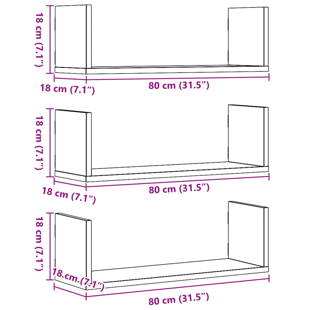 Prateleiras de parede 3 pcs derivados madeira cinzento sonoma