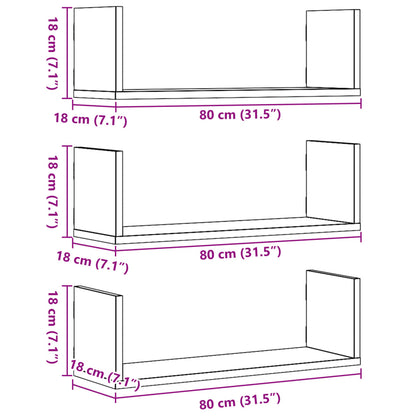 Prateleiras de parede 3 pcs derivados madeira cinzento sonoma