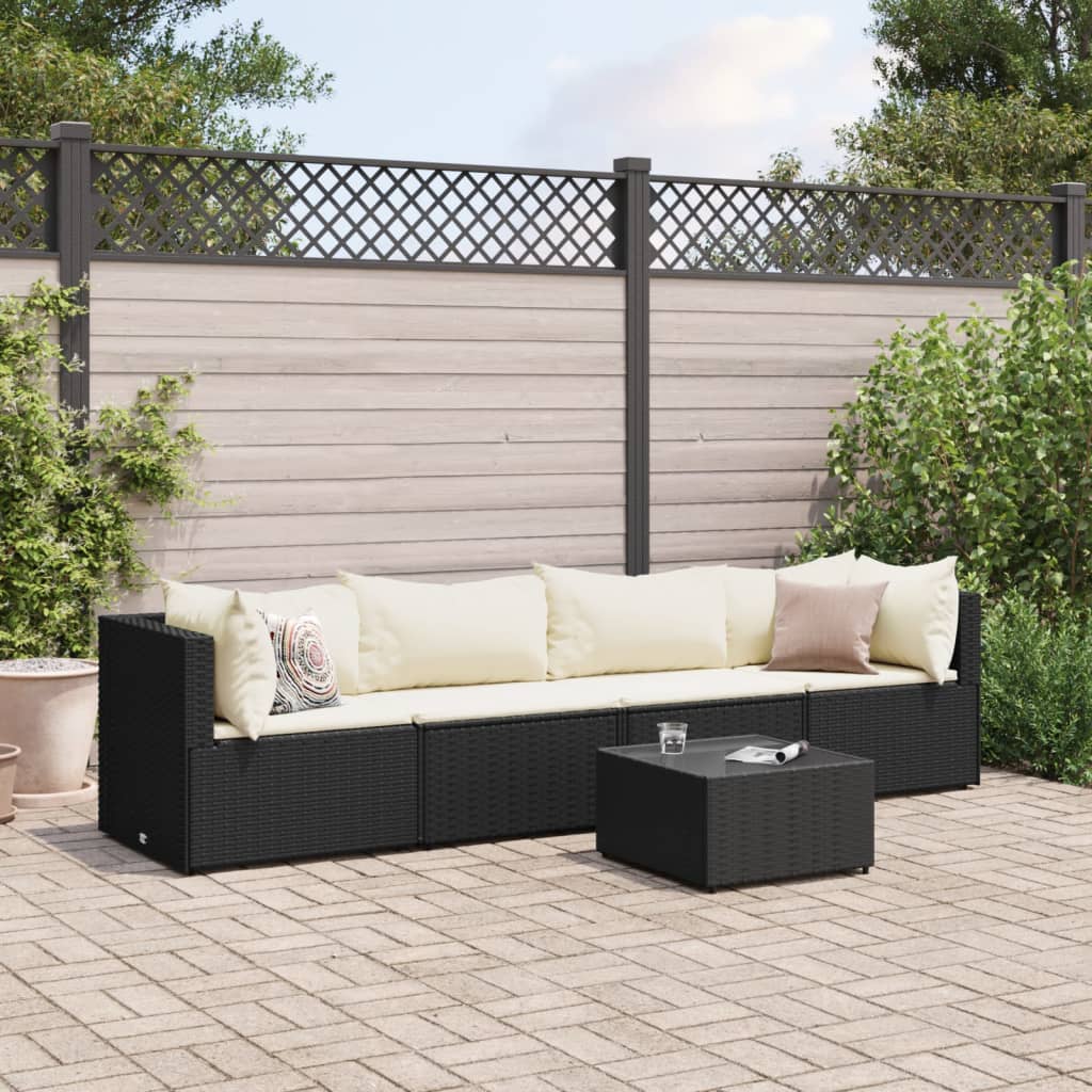 5 pcs conjunto lounge de jardim c/ almofadões vime PE preto