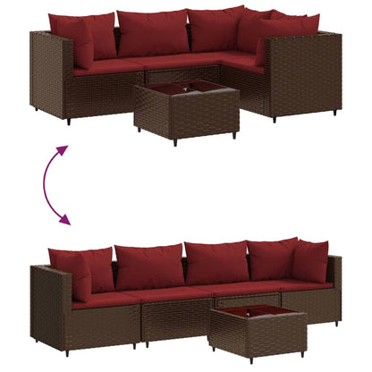 5 pcs conjunto lounge jardim c/ almofadões vime PE castanho