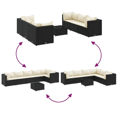 7 pcs conjunto lounge de jardim c/ almofadões vime PE preto