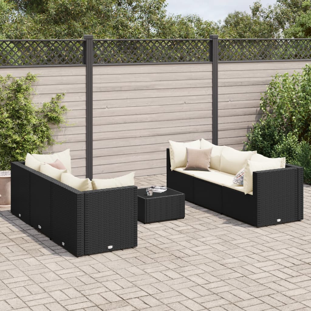 7 pcs conjunto lounge de jardim c/ almofadões vime PE preto