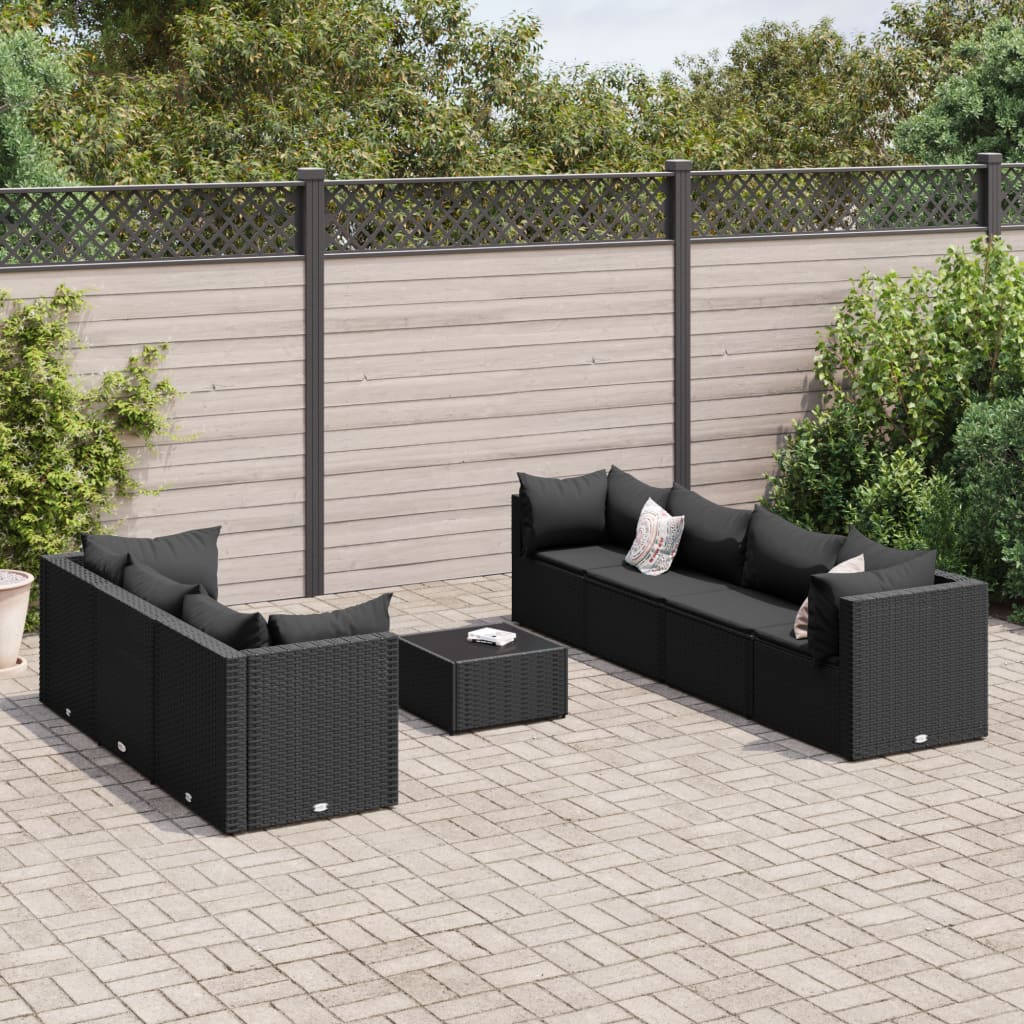 8 pcs conjunto lounge de jardim c/ almofadões vime PE preto