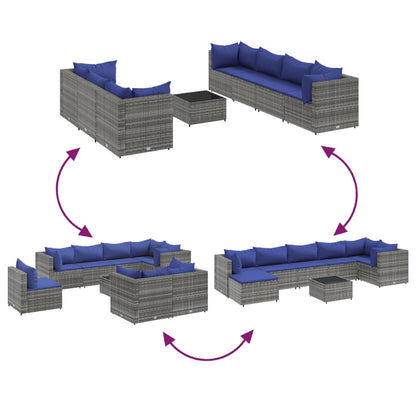 8 pcs conjunto lounge de jardim c/ almofadões vime PE cinzento