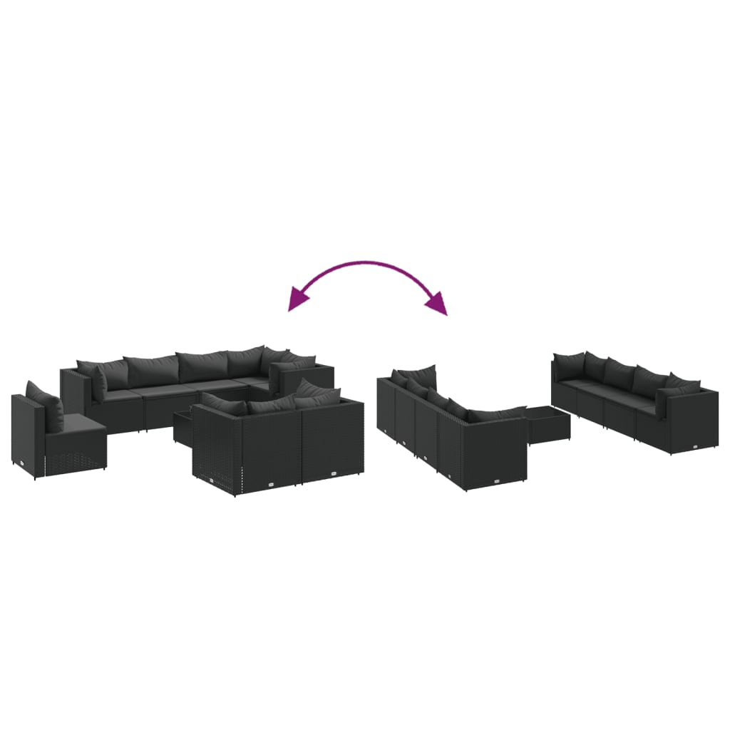 9 pcs conjunto lounge de jardim c/ almofadões vime PE preto