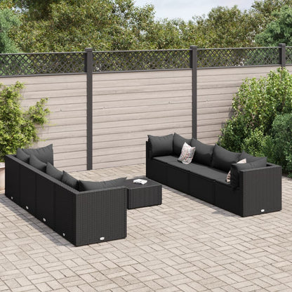 9 pcs conjunto lounge de jardim c/ almofadões vime PE preto