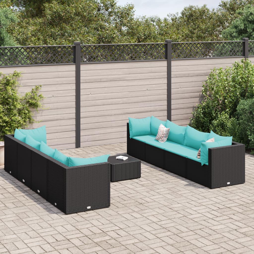 9 pcs conjunto lounge de jardim c/ almofadões vime PE preto