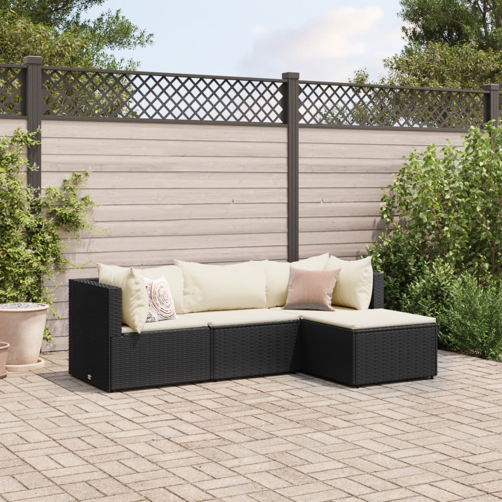 4 pcs conjunto lounge de jardim c/ almofadões vime PE preto