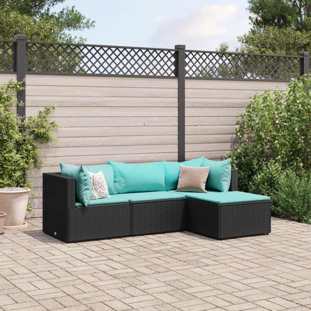 4 pcs conjunto lounge de jardim c/ almofadões vime PE preto