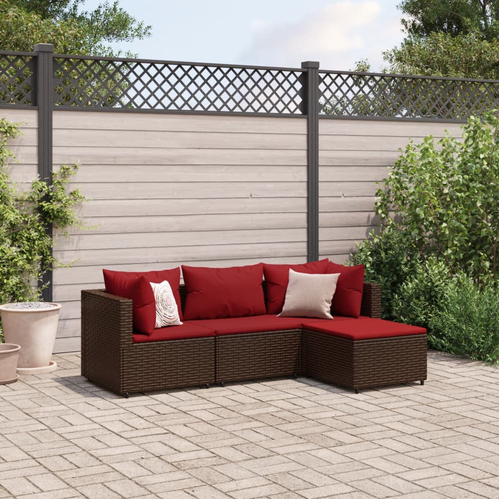 4 pcs conjunto lounge jardim c/ almofadões vime PE castanho