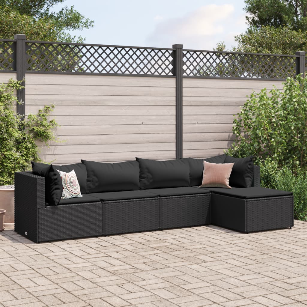 5 pcs conjunto lounge de jardim c/ almofadões vime PE preto