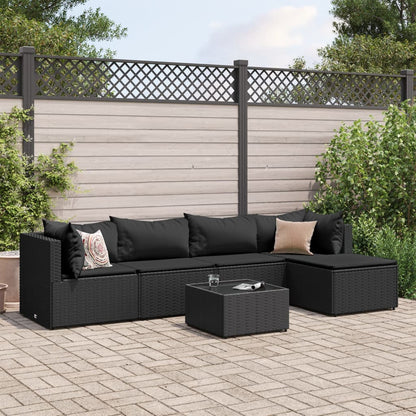 6 pcs conjunto lounge de jardim c/ almofadões vime PE preto