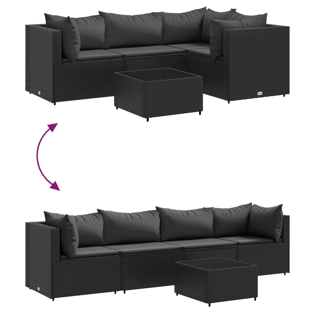 5 pcs conjunto lounge de jardim c/ almofadões vime PE preto