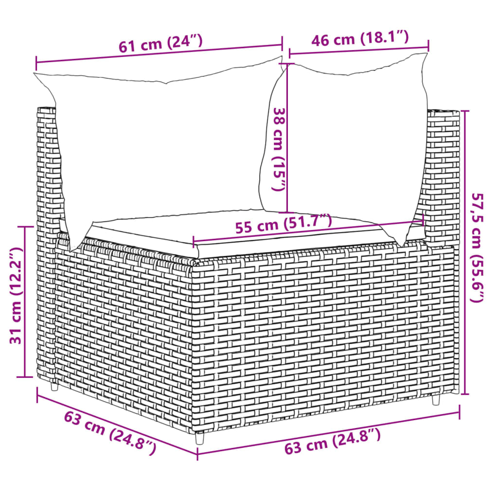 5 pcs conjunto lounge de jardim c/ almofadões vime PE preto