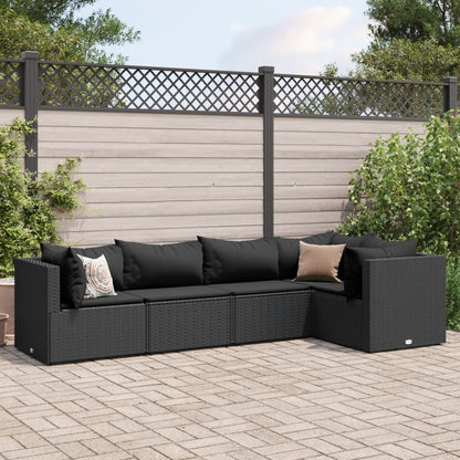 5 pcs conjunto lounge de jardim c/ almofadões vime PE preto