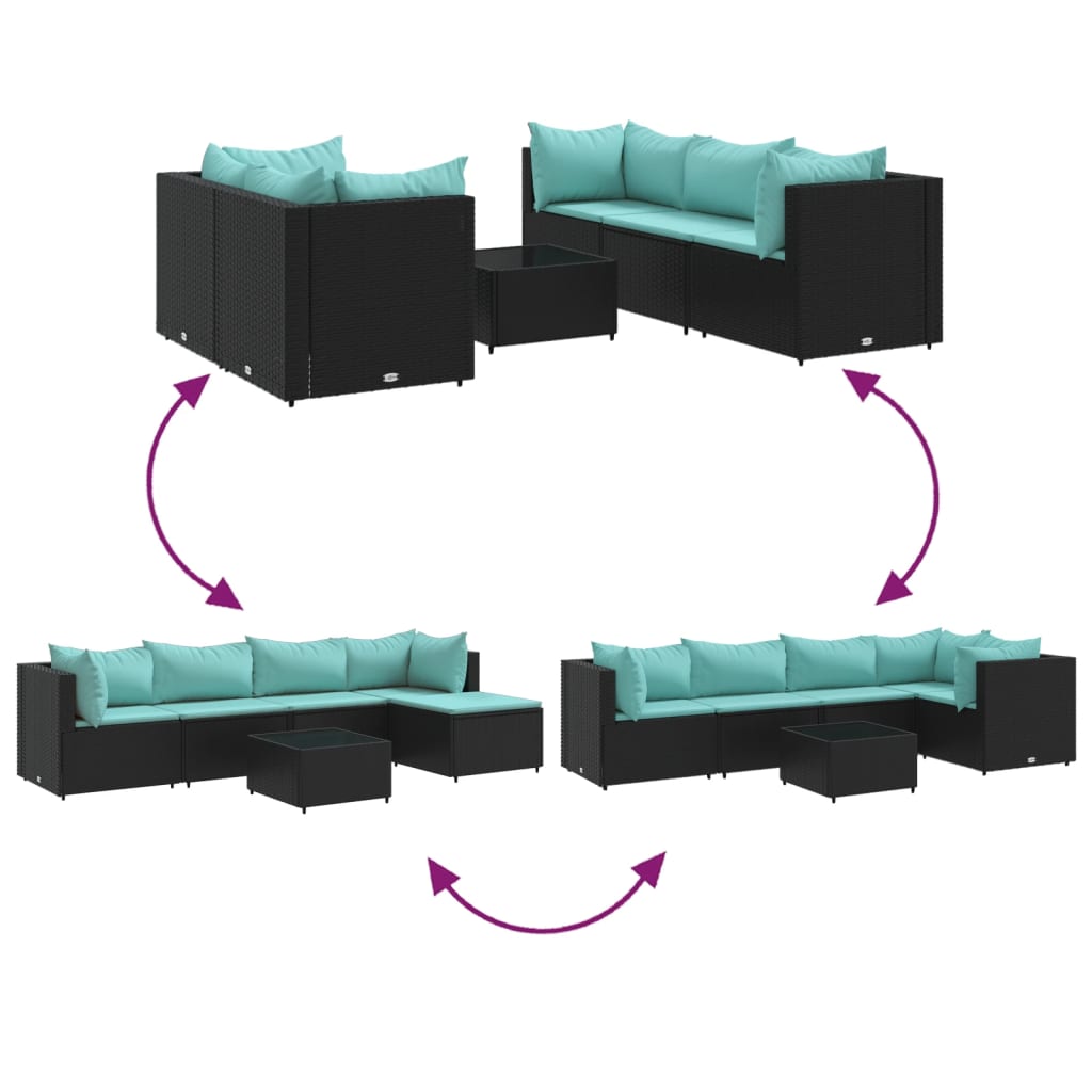 6 pcs conjunto lounge de jardim c/ almofadões vime PE preto