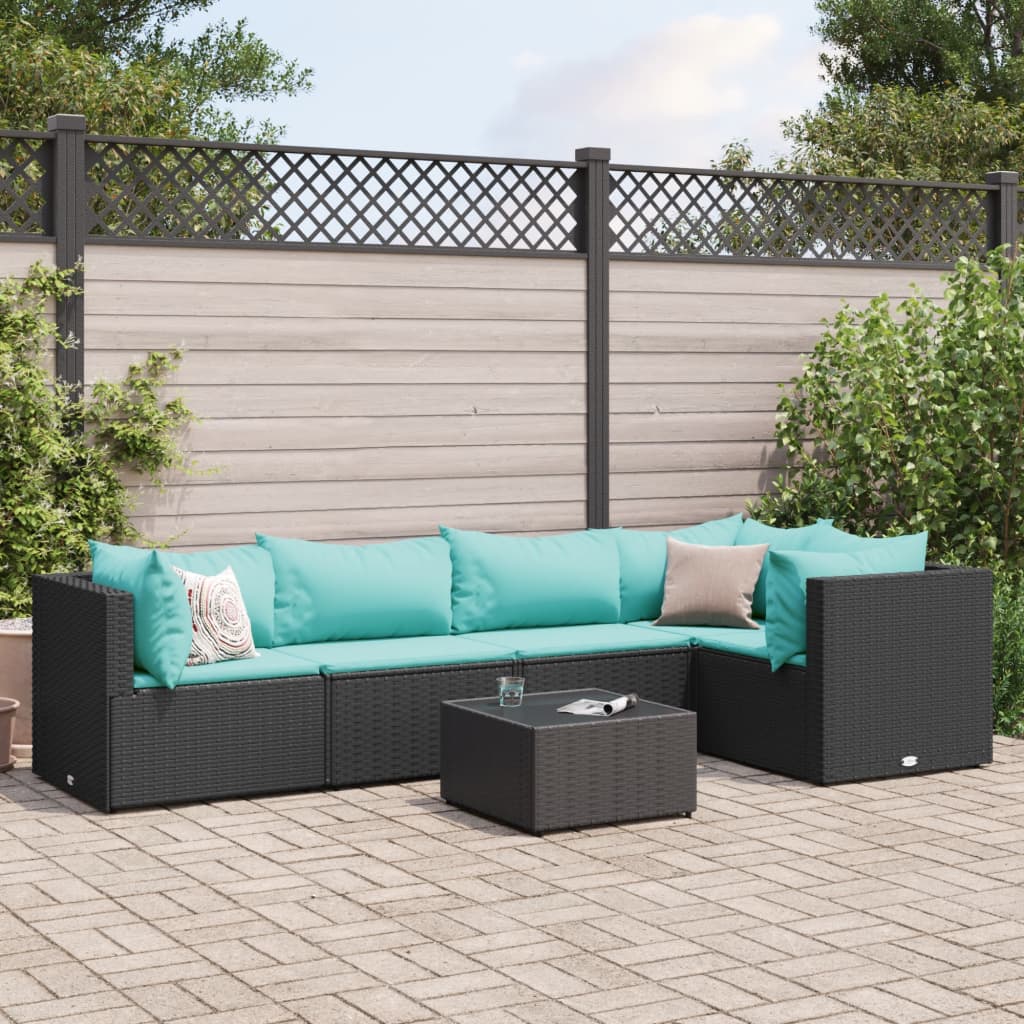 6 pcs conjunto lounge de jardim c/ almofadões vime PE preto