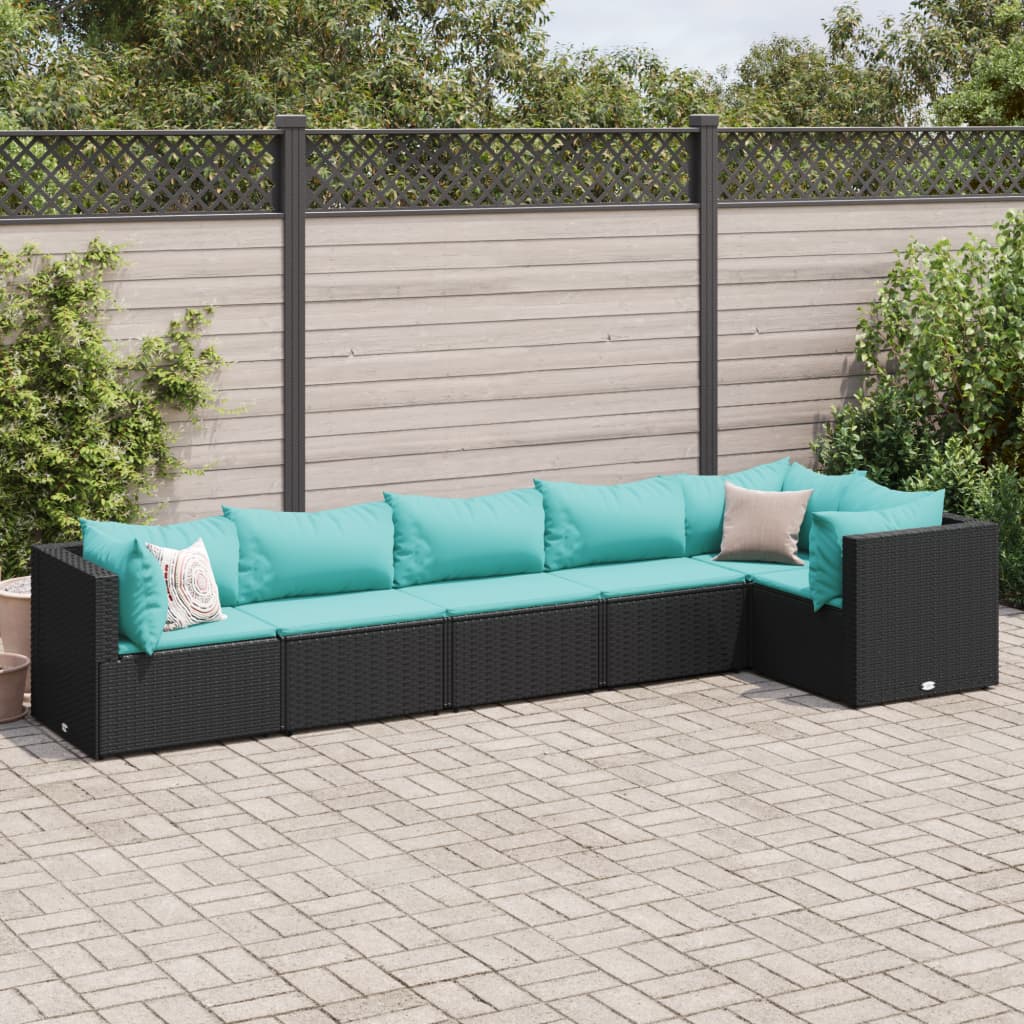 6 pcs conjunto lounge de jardim c/ almofadões vime PE preto