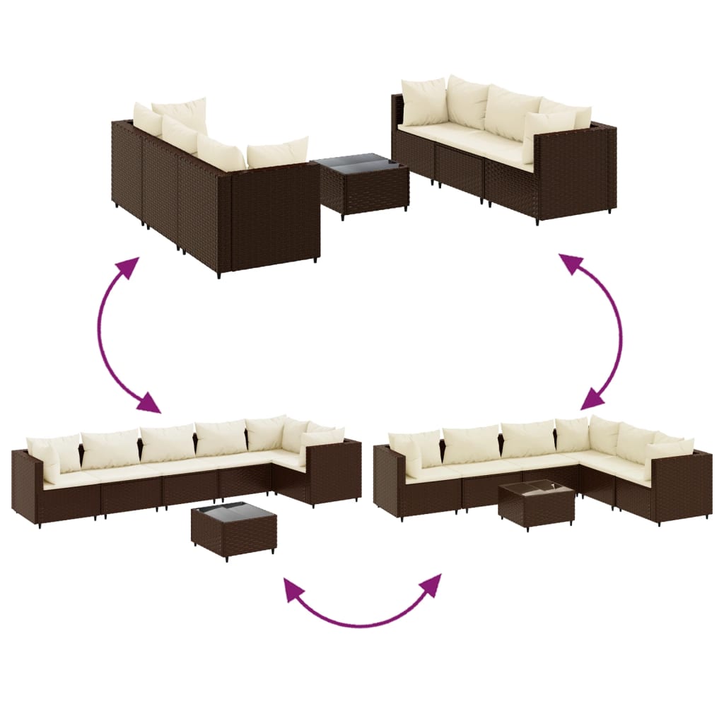 7 pcs conjunto lounge de jardim c/ almofadões vime PE castanho