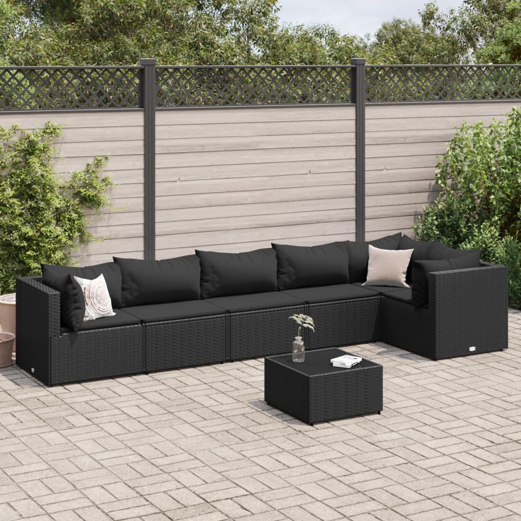 7 pcs conjunto lounge de jardim c/ almofadões vime PE preto