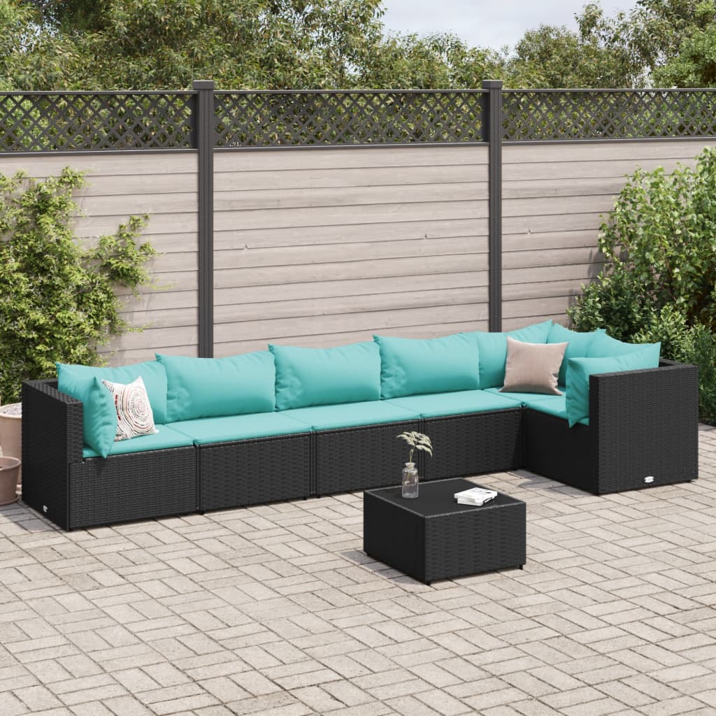 7 pcs conjunto lounge de jardim c/ almofadões vime PE preto