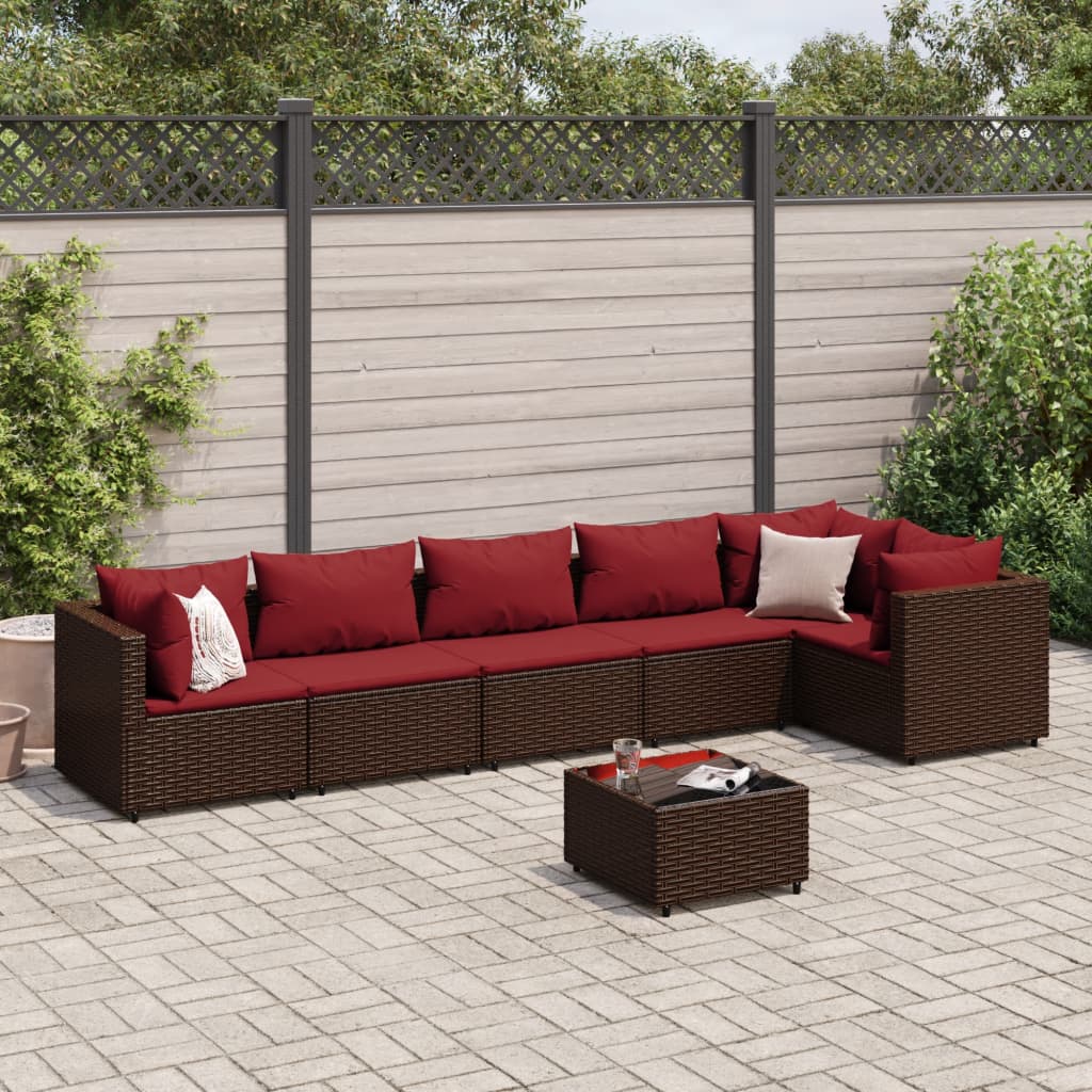 7 pcs conjunto lounge de jardim c/ almofadões vime PE castanho