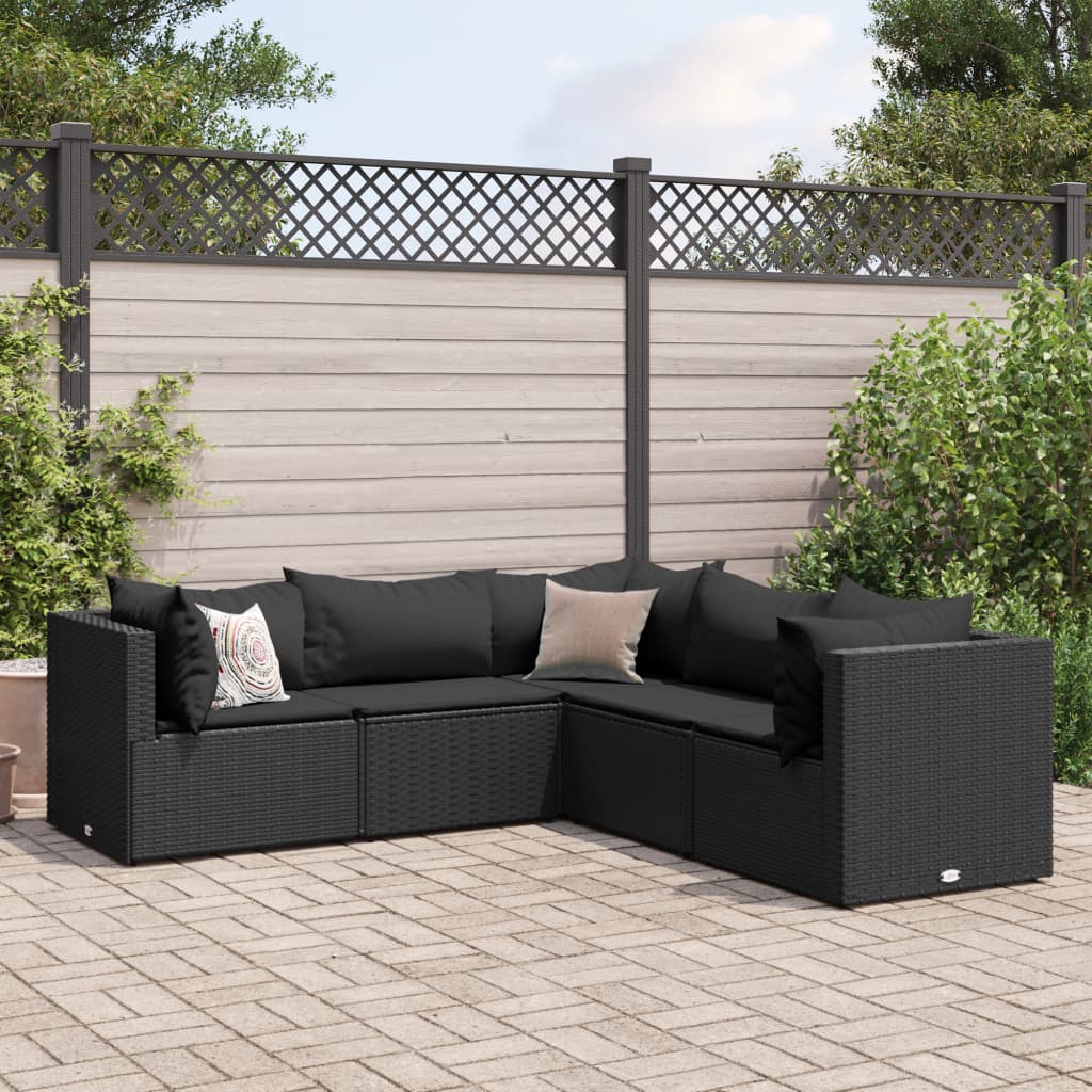 5 pcs conjunto lounge de jardim c/ almofadões vime PE preto