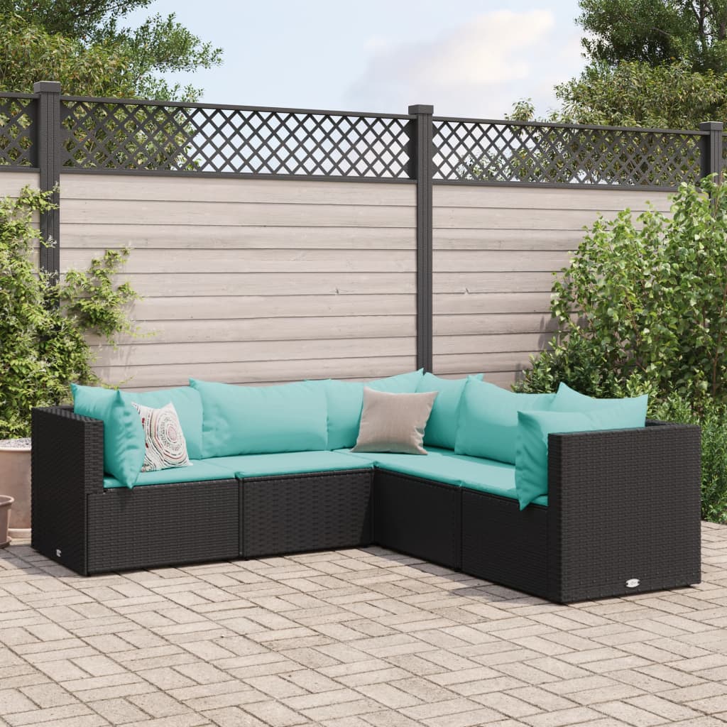 5 pcs conjunto lounge de jardim c/ almofadões vime PE preto