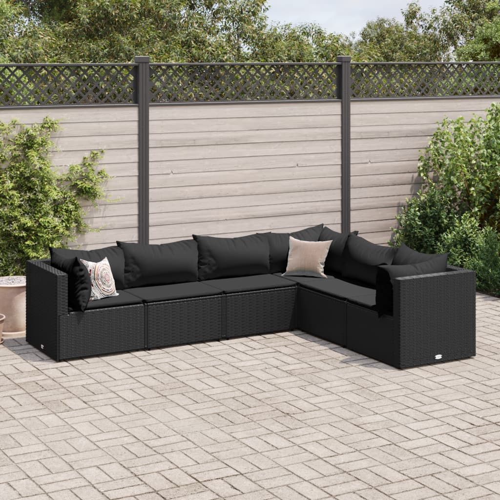 6 pcs conjunto lounge de jardim c/ almofadões vime PE preto