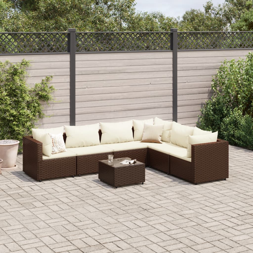 7 pcs conjunto lounge de jardim c/ almofadões vime PE castanho