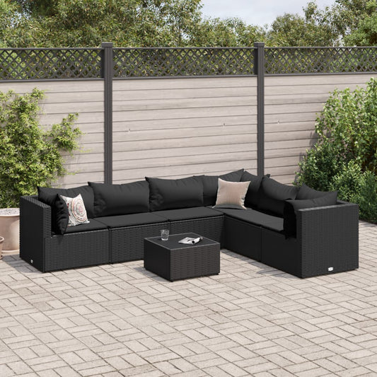 7 pcs conjunto lounge de jardim c/ almofadões vime PE preto