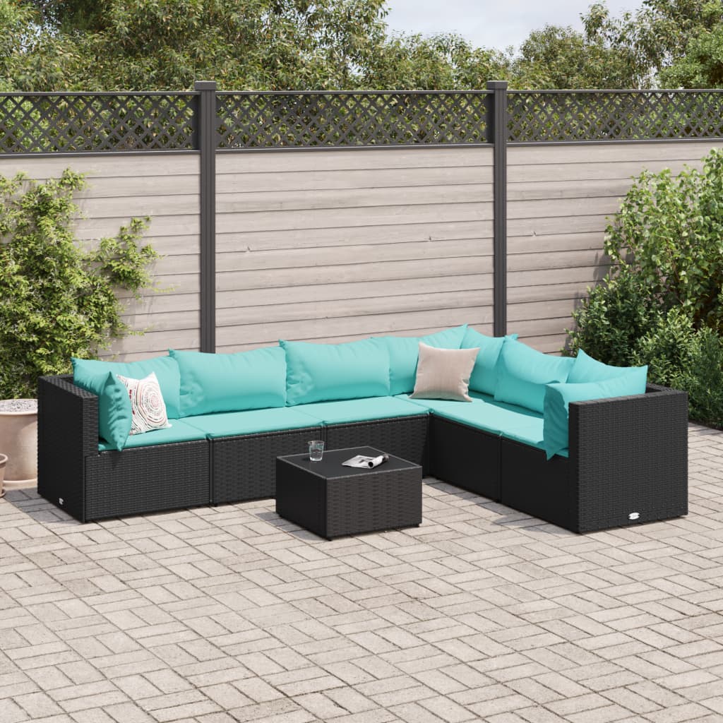 7 pcs conjunto lounge de jardim c/ almofadões vime PE preto