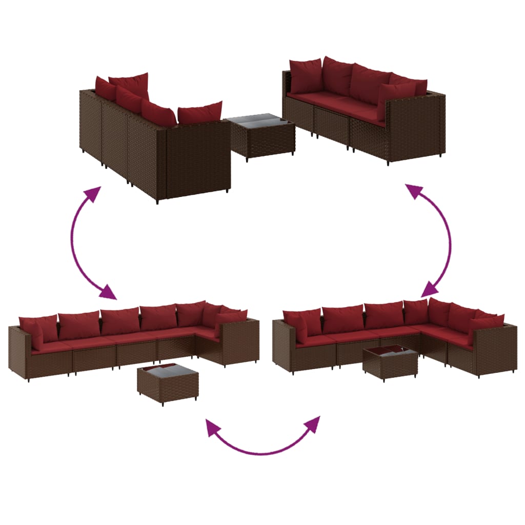 7 pcs conjunto lounge de jardim c/ almofadões vime PE castanho