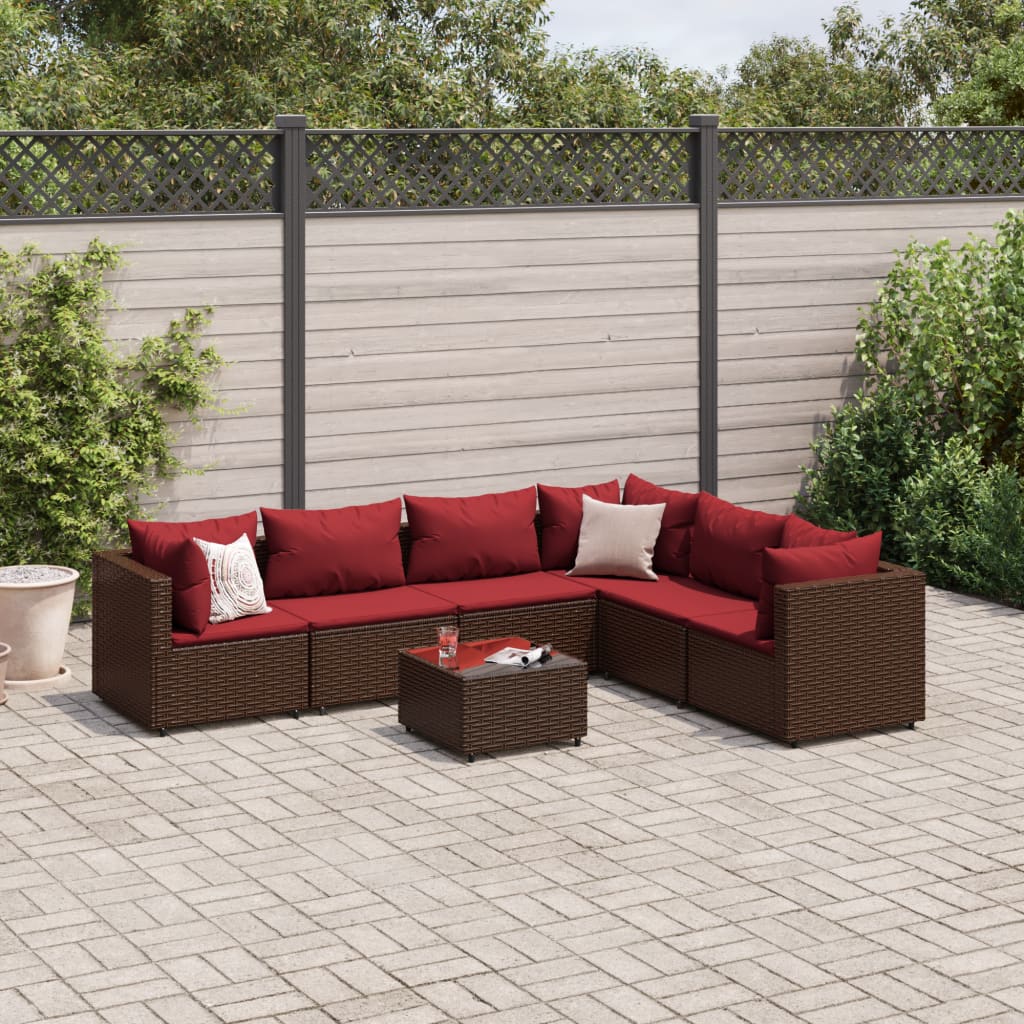 7 pcs conjunto lounge de jardim c/ almofadões vime PE castanho