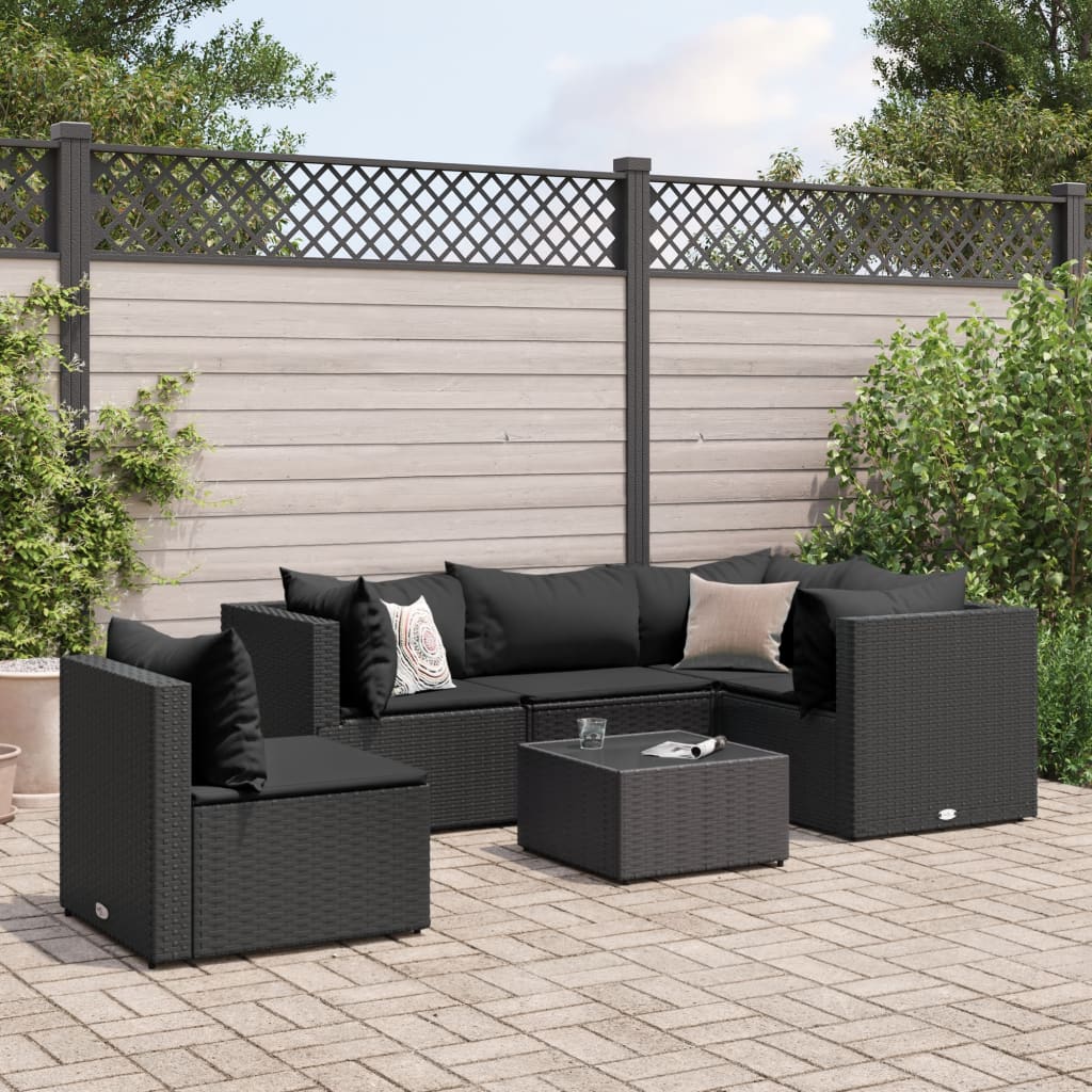 6 pcs conjunto lounge de jardim c/ almofadões vime PE preto