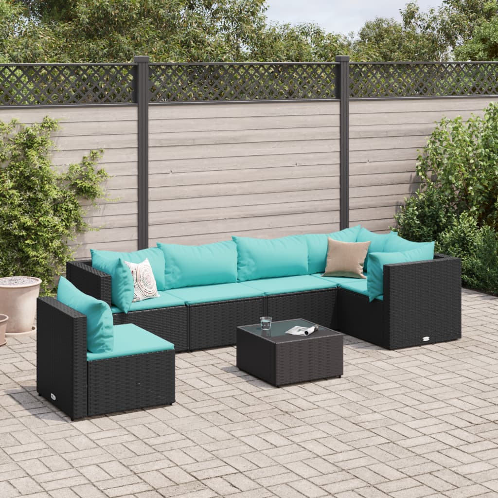 7 pcs conjunto lounge de jardim c/ almofadões vime PE preto