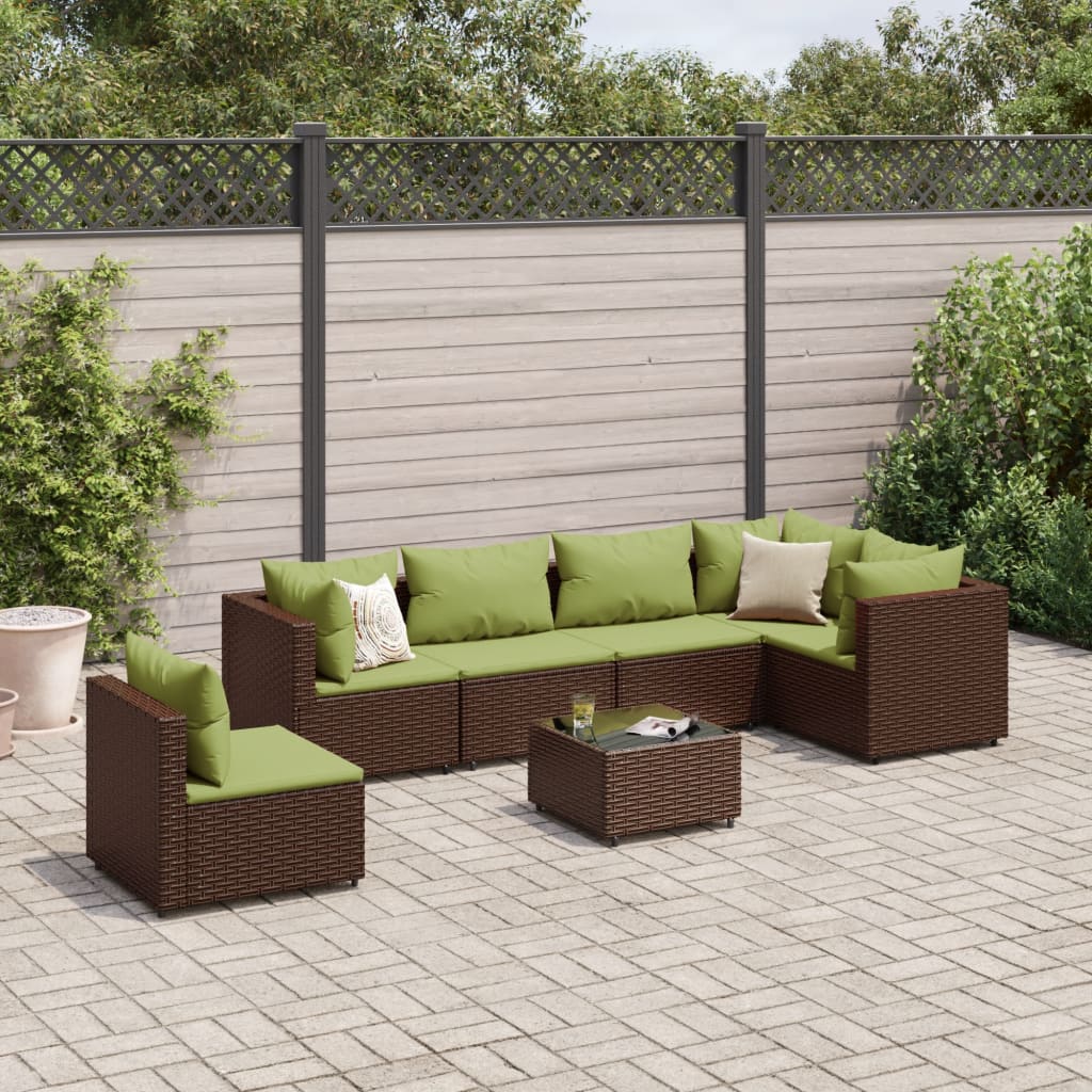 7 pcs conjunto lounge de jardim c/ almofadões vime PE castanho