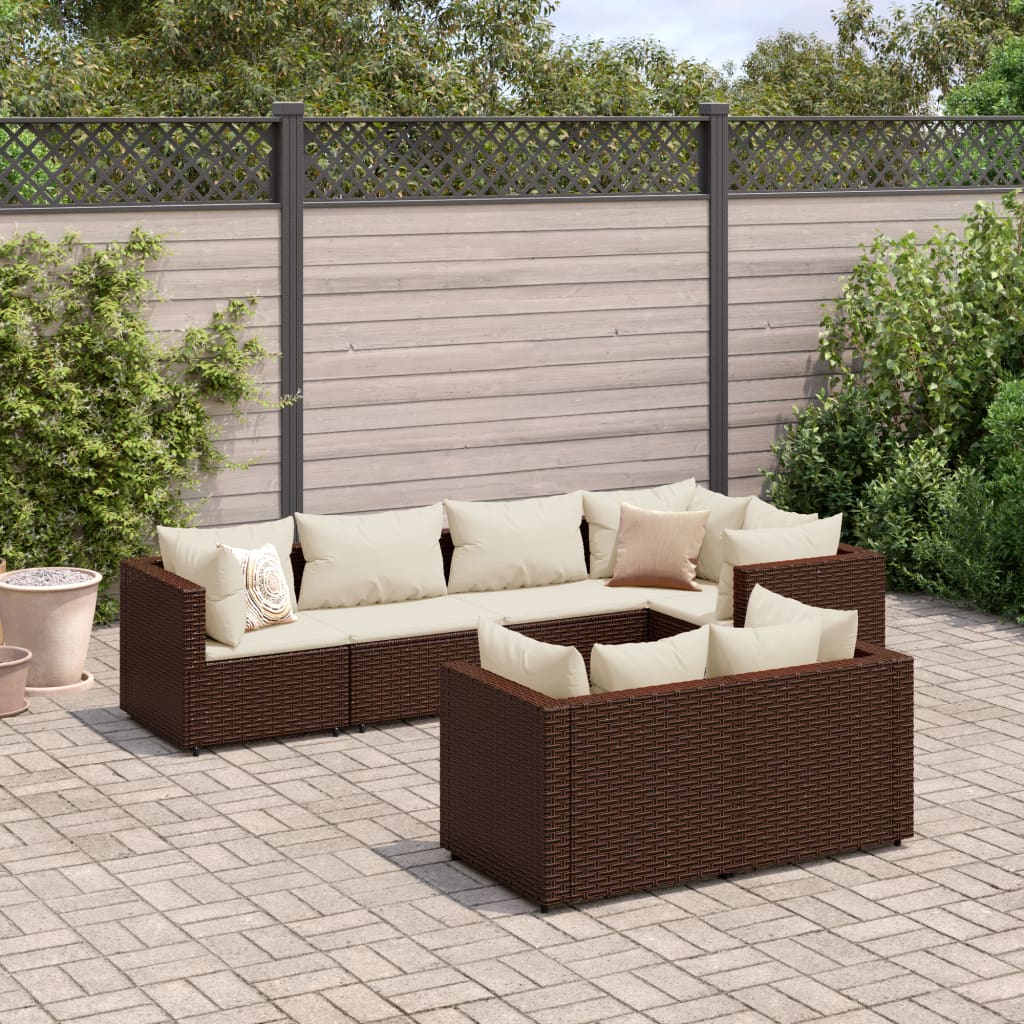 7 pcs conjunto lounge de jardim c/ almofadões vime PE castanho