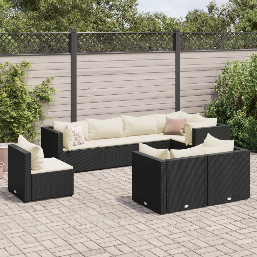 8 pcs conjunto lounge de jardim c/ almofadões vime PE preto