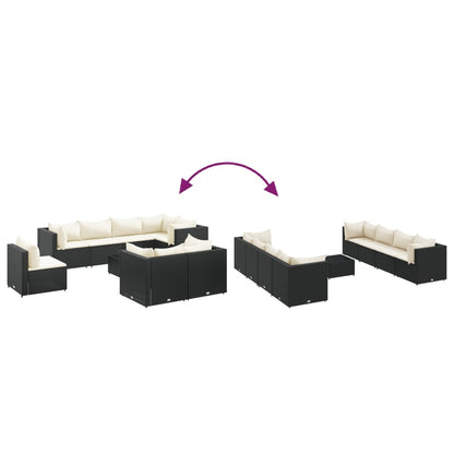 9 pcs conjunto lounge de jardim c/ almofadões vime PE preto