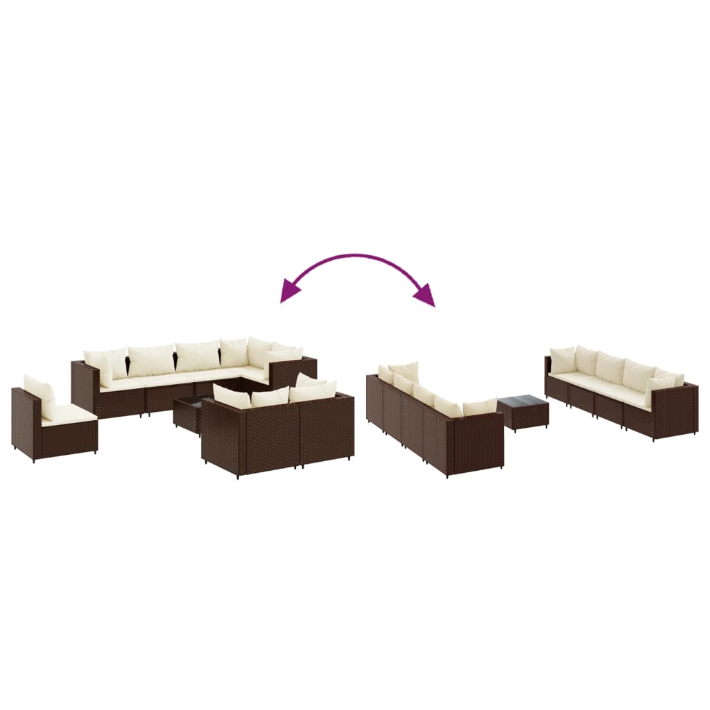 9 pcs conjunto lounge de jardim c/ almofadões vime PE castanho