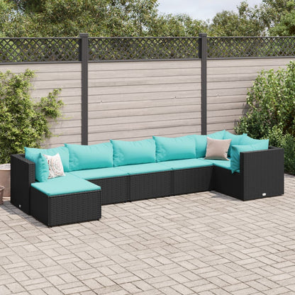 7 pcs conjunto lounge de jardim c/ almofadões vime PE preto