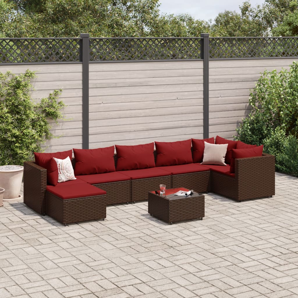 8 pcs conjunto lounge de jardim c/ almofadões vime PE castanho