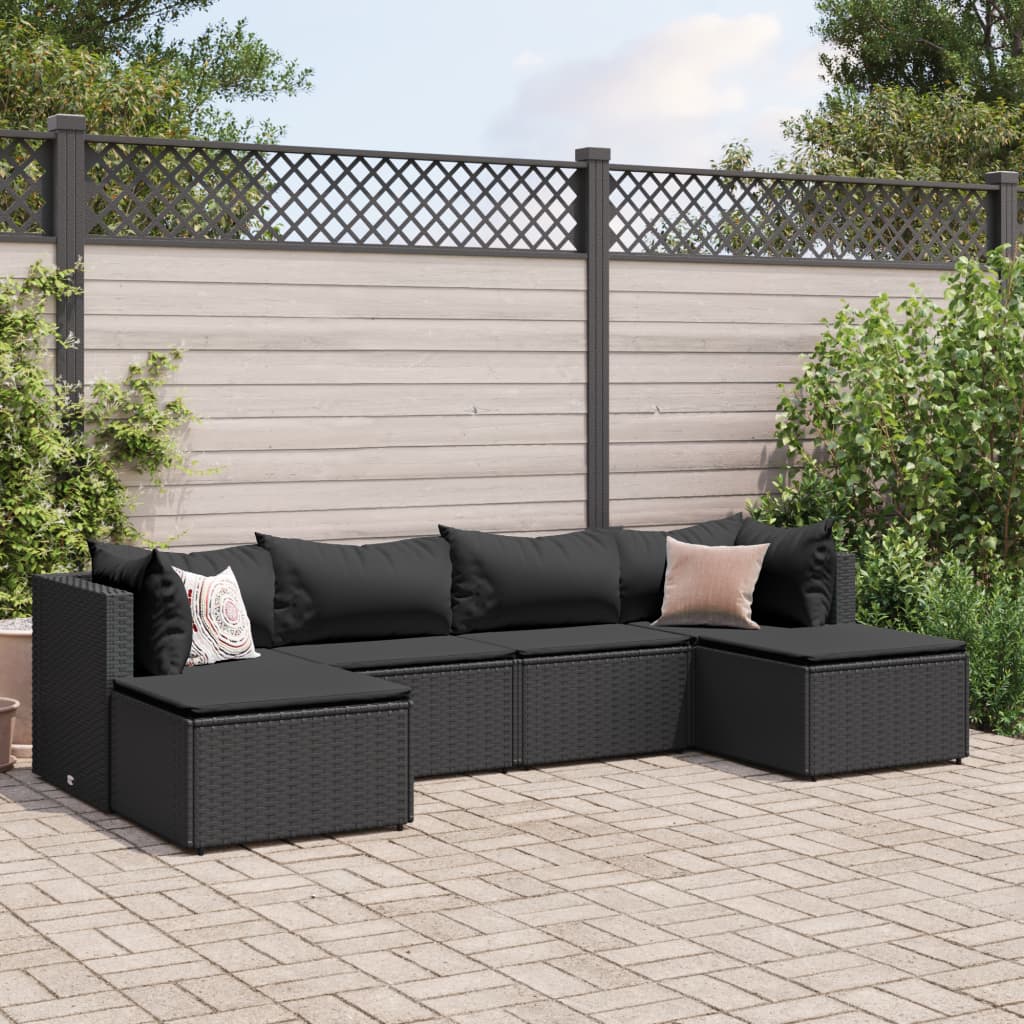 6 pcs conjunto lounge de jardim c/ almofadões vime PE preto