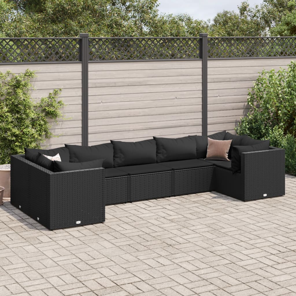 7 pcs conjunto lounge de jardim c/ almofadões vime PE preto